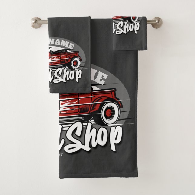 Custom NAME Rockabilly Roadster Speed Shop Garage Bath Towel Set (Insitu)