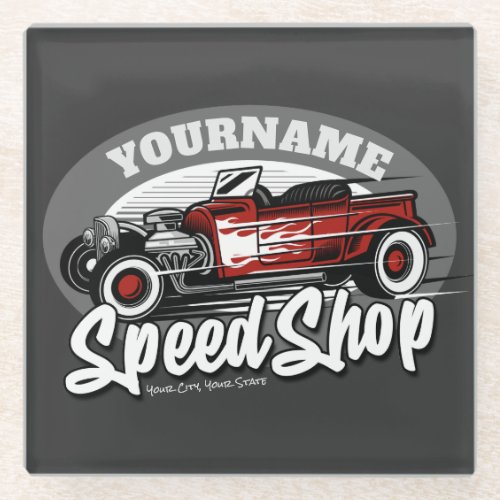 Custom NAME Rockabilly Roadster Speed Shop Garage Glass Coaster