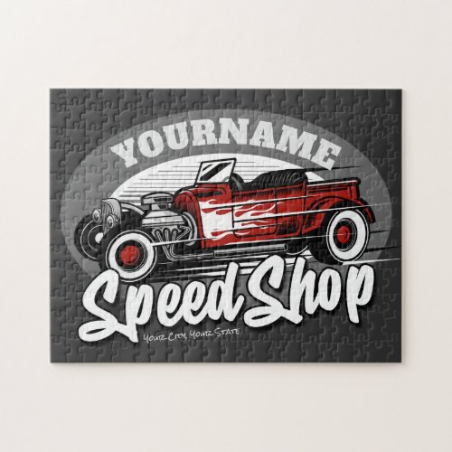 Custom NAME Rockabilly Roadster Speed Shop Garage Jigsaw Puzzle