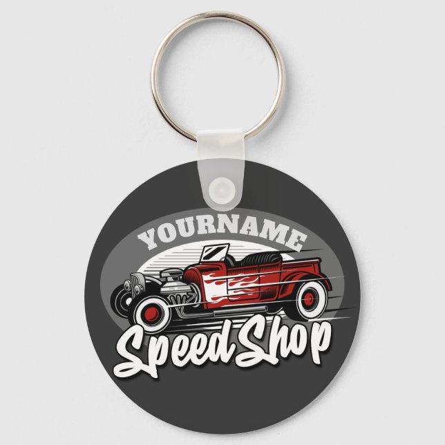 Custom NAME Rockabilly Roadster Speed Shop Garage Keychain (Front)