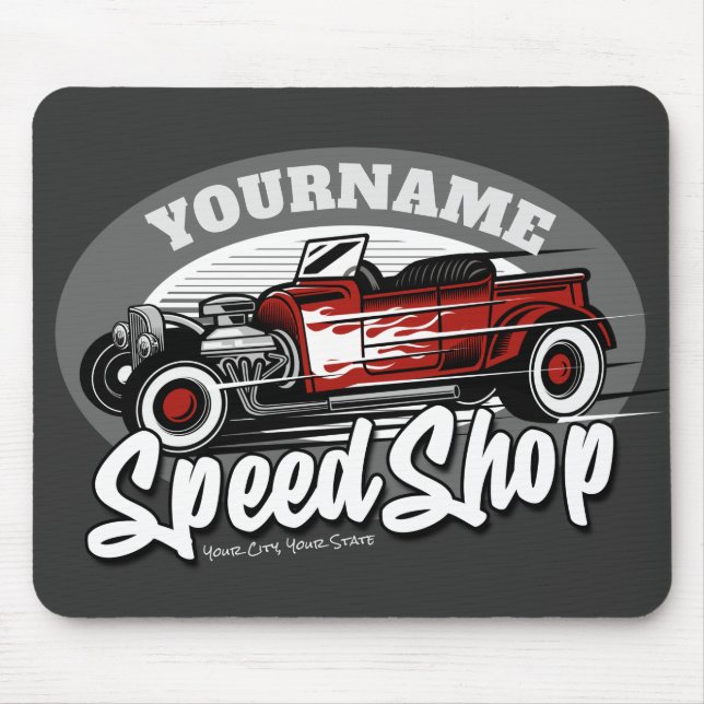 Custom NAME Rockabilly Roadster Speed Shop Garage Mouse Pad (Front)