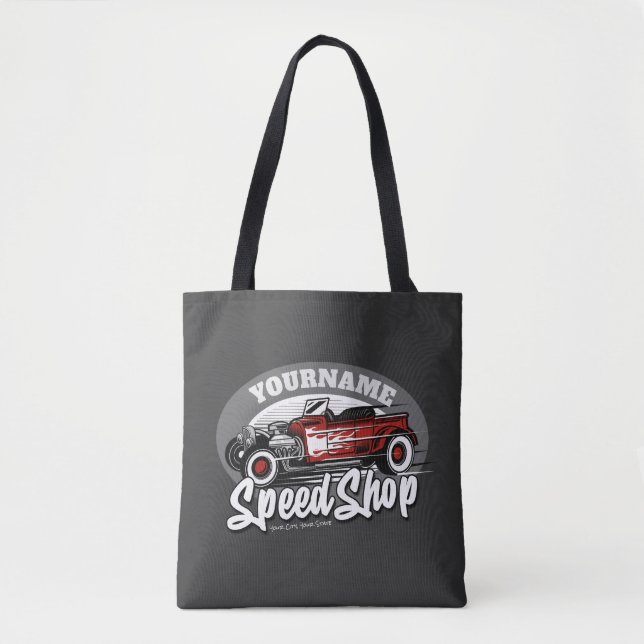 Custom NAME Rockabilly Roadster Speed Shop Garage Tote Bag (Front)