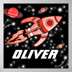 Custom name rocket space boys black red poster