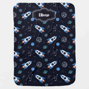 Custom Name Rocketship Pattern Baby Blanket