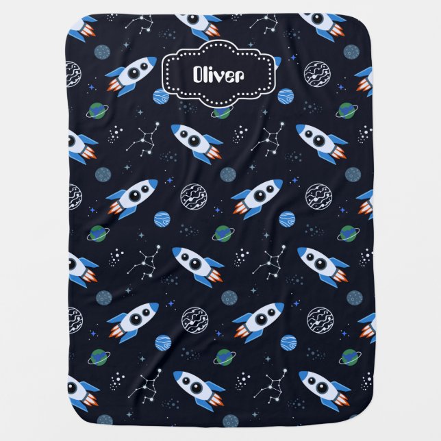Custom Name Rocketship Pattern Baby Blanket (Front)