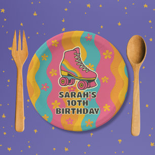 Custom Name Roller Skating Girl Birthday Party Paper Plates
