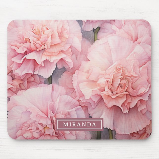 Custom Name Romantic Pink Carnation Watercolor Art Mouse Pad (Front)