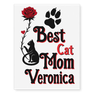 Custom Name Rose & Black Cat Design Temporary Tattoos