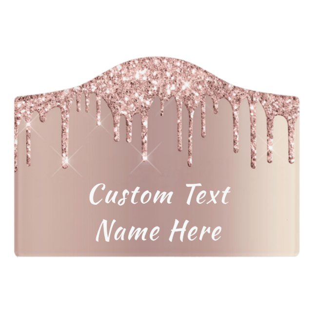 Custom Name Rose Blush Glitter Drips Door Sign (Small Crest Front)