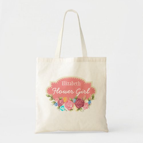 Custom Name Rose Flower Girl Tote Bag