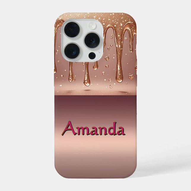 Custom Name Rose Gold Drip ✨ Metallic Glitter iPhone Case (Back)