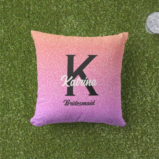 Custom Name Rose Gold Glitter Bridesmaid Gift Outdoor Pillow (Grass)