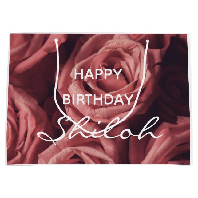 Custom Name Rose Happy Birthday Women Girls Floral Large Gift Bag (Front)