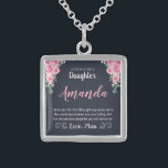 Custom Name Rose Message for Daughter from Mom Sterling Silver Necklace<br><div class="desc">Surprise your daughter with a gift that perfectly showcases your love and affection. This custom name soft pink roses message design features a stunning gray background pendant with her name in an elegant soft pink script and a heartfelt message from Mom. A meaningful keepsake she'll cherish for years to come,...</div>