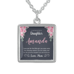 Custom Name Rose Message for Daughter from Mom Sterling Silver Necklace