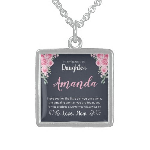 Custom Name Rose Message for Daughter from Mom Sterling Silver Necklace