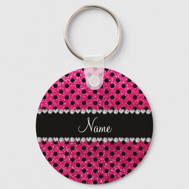 Custom name rose pink glitter black polka dots keychain (Front)
