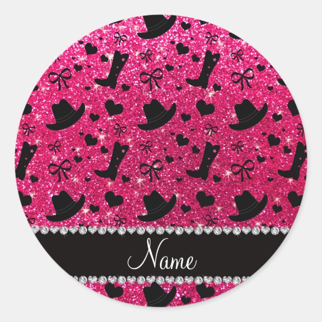 Custom name rose pink glitter cowboy boots hats classic round sticker (Front)
