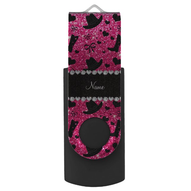 Custom name rose pink glitter cowboy boots hats flash drive (Front Vertical)