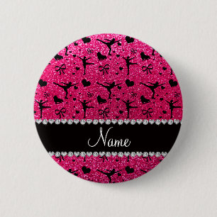 Custom name rose pink glitter figure skating pinback button