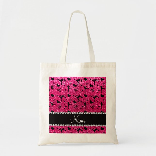 Custom name rose pink glitter figure skating tote bag (Front)