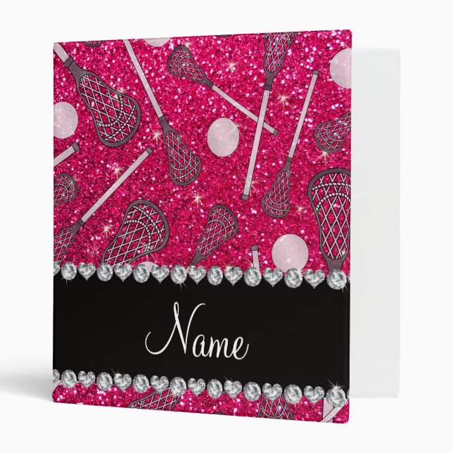 Custom name rose pink glitter lacrosse sticks 3 ring binder (Front/Inside)