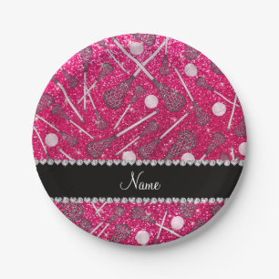 Custom name rose pink glitter lacrosse sticks paper plates