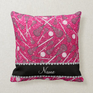Custom name rose pink glitter lacrosse sticks throw pillow