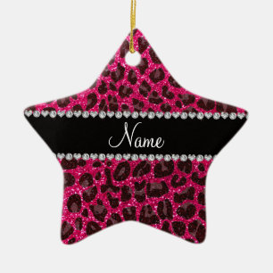 Custom name rose pink glitter leopard print ceramic ornament