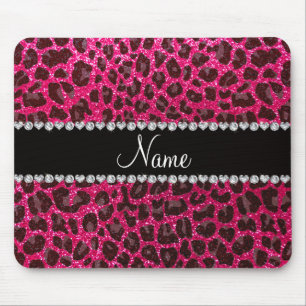 Custom name rose pink glitter leopard print mouse pad