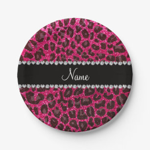 Custom name rose pink glitter leopard print paper plates