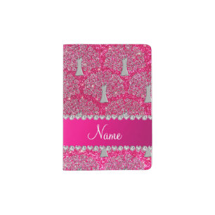 Custom name rose pink glitter silver tree of life passport holder