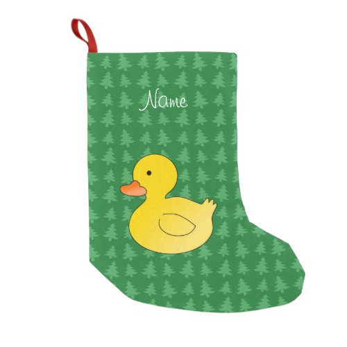 Custom name rubber duck green treen small christmas stocking