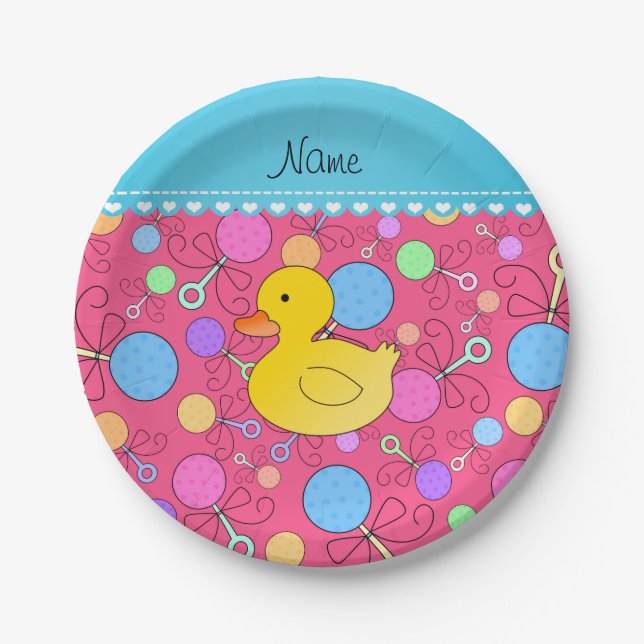 Custom name rubber duck pink baby rattles paper plates (Front)
