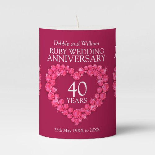 Custom name ruby heart 40th wedding anniversary pillar candle