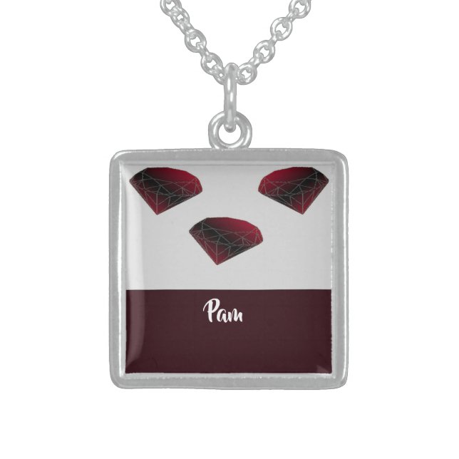 Custom name ruby red gemstones sterling silver necklace (Front)