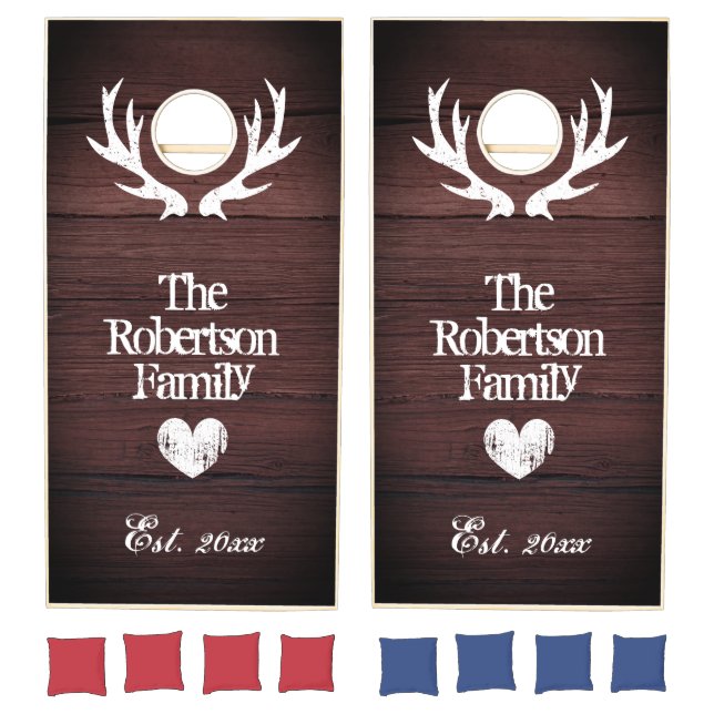 Custom name rustic barn wood deer antler backyard  cornhole set (Set)