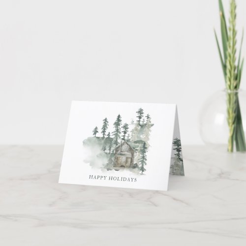 Custom Name Rustic Cabin Watercolor Forest Green Holiday Card