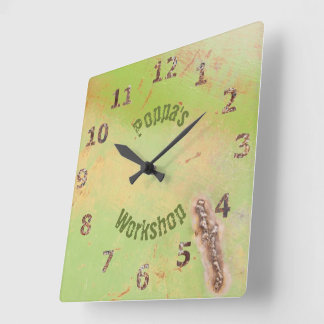 Custom Name Rustic Garage Workshop Green Patina Square Wall Clock