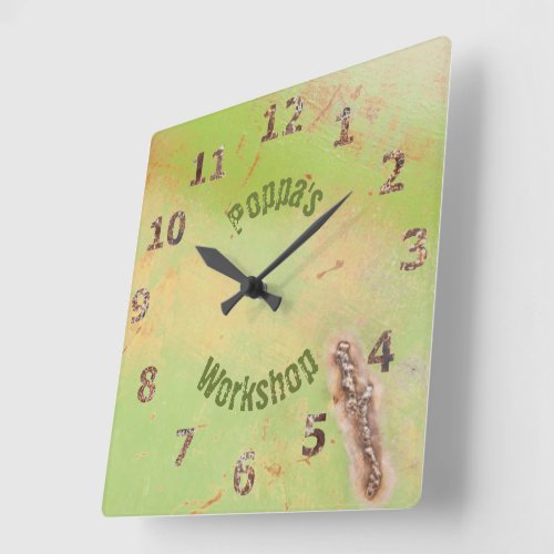 Custom Name Rustic Garage Workshop Green Patina Square Wall Clock