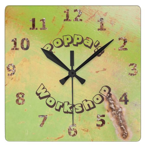 Custom Name Rustic Garage Workshop Green Patina Square Wall Clock