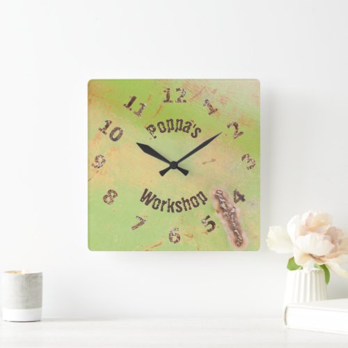 Custom Name Rustic Garage Workshop Green Patina Square Wall Clock