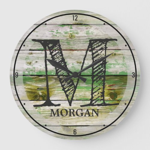 Custom NAME Rustic Green Farm Barn Wood Monogram Large Clock