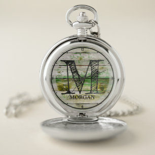 Custom NAME Rustic Green Farm Barn Wood Monogram Pocket Watch