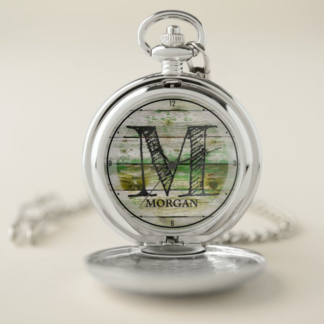 Custom NAME Rustic Green Farm Barn Wood Monogram Pocket Watch (Inside)
