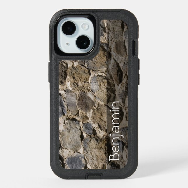 Custom Name Rustic Rock Wall Photograph iPhone 15 Case (Back)