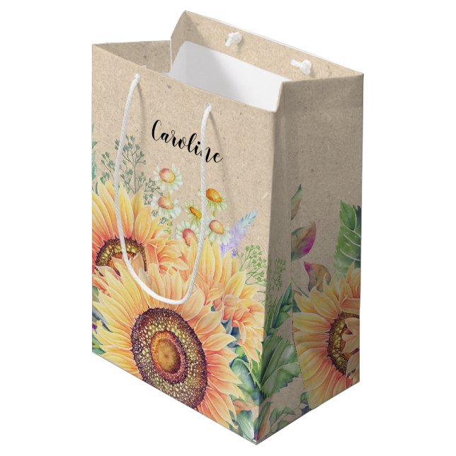 Custom Name | Rustic Sunflowers Wedding Favor Bags (Front Angled)