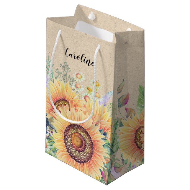 Custom Name | Rustic Sunflowers Wedding Favor Bags (Front Angled)