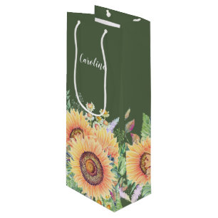 Custom Name Rustic Sunflowers Wedding Wine Gift Bag