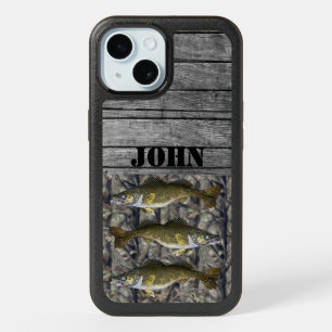 Custom Name Rustic Walleye Fishing Sports Camo iPhone 15 Case